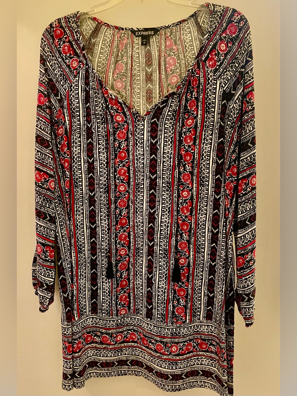 Express Red and Black Printed V-Neck Tunic with Tassels